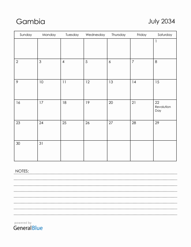 July 2034 Gambia Calendar with Holidays (Sunday Start)