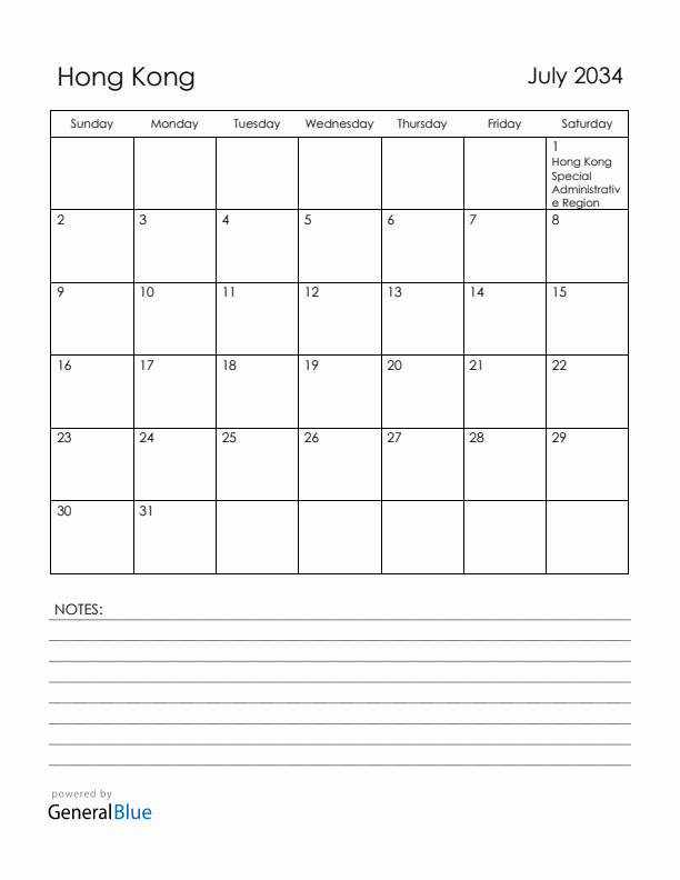 July 2034 Hong Kong Calendar with Holidays (Sunday Start)
