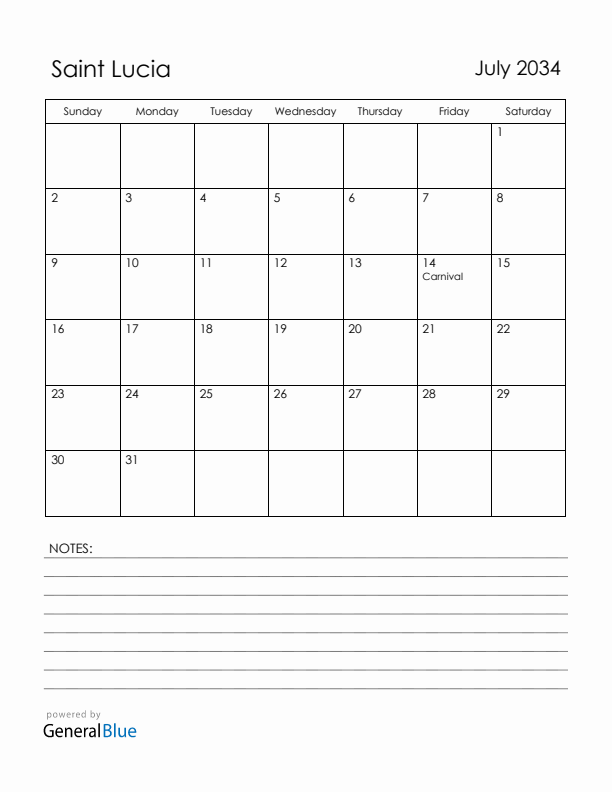 July 2034 Saint Lucia Calendar with Holidays (Sunday Start)