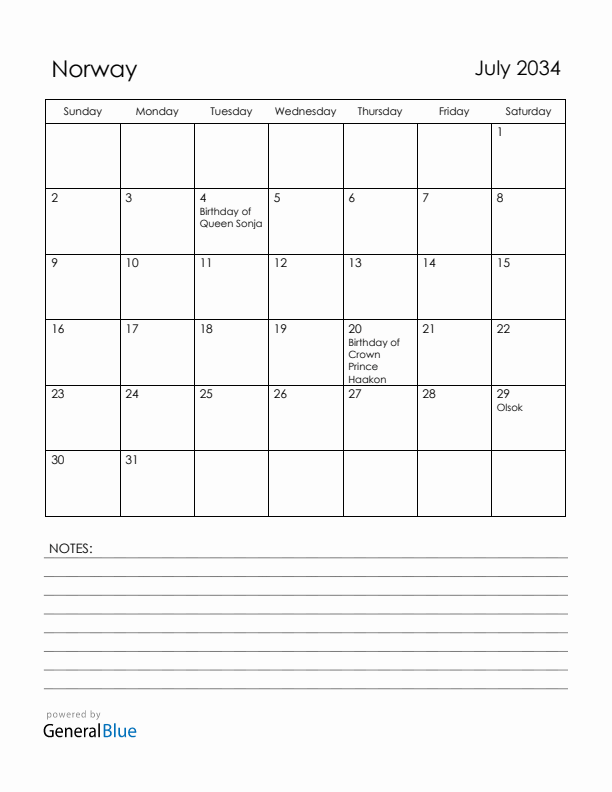 July 2034 Norway Calendar with Holidays (Sunday Start)