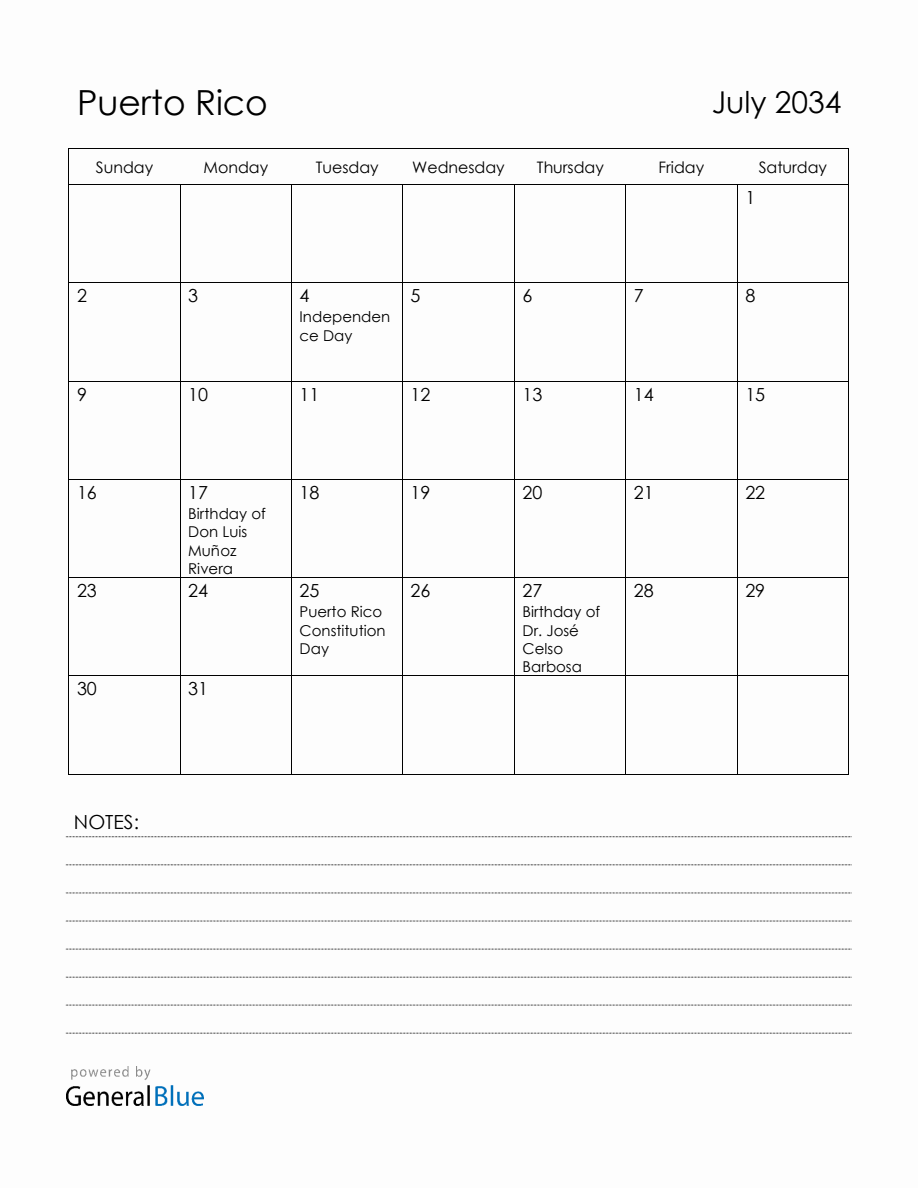 July 2034 Puerto Rico Calendar with Holidays
