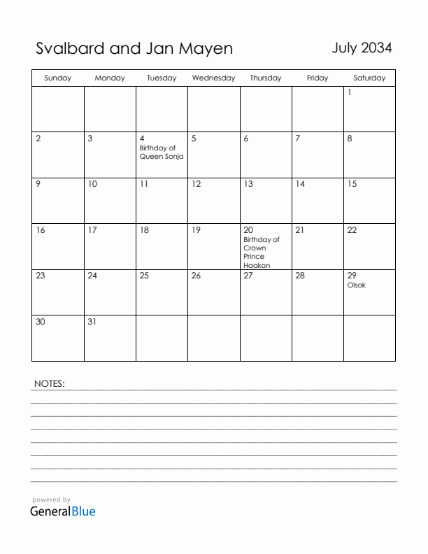 July 2034 Svalbard and Jan Mayen Calendar with Holidays (Sunday Start)