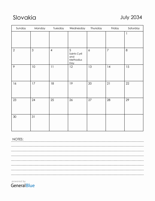 July 2034 Slovakia Calendar with Holidays (Sunday Start)
