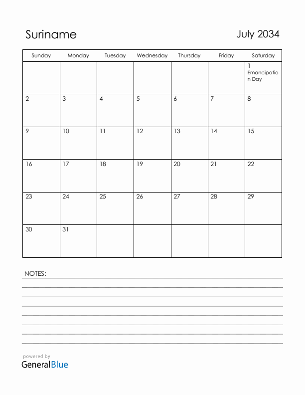 July 2034 Suriname Calendar with Holidays (Sunday Start)