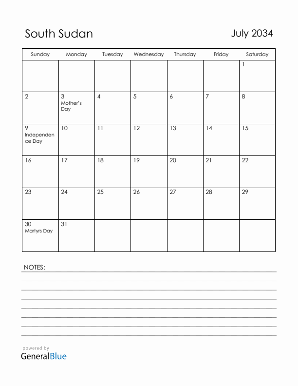 July 2034 South Sudan Calendar with Holidays (Sunday Start)