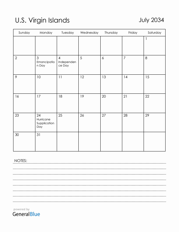 July 2034 U.S. Virgin Islands Calendar with Holidays (Sunday Start)