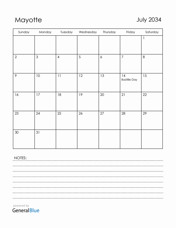 July 2034 Mayotte Calendar with Holidays (Sunday Start)