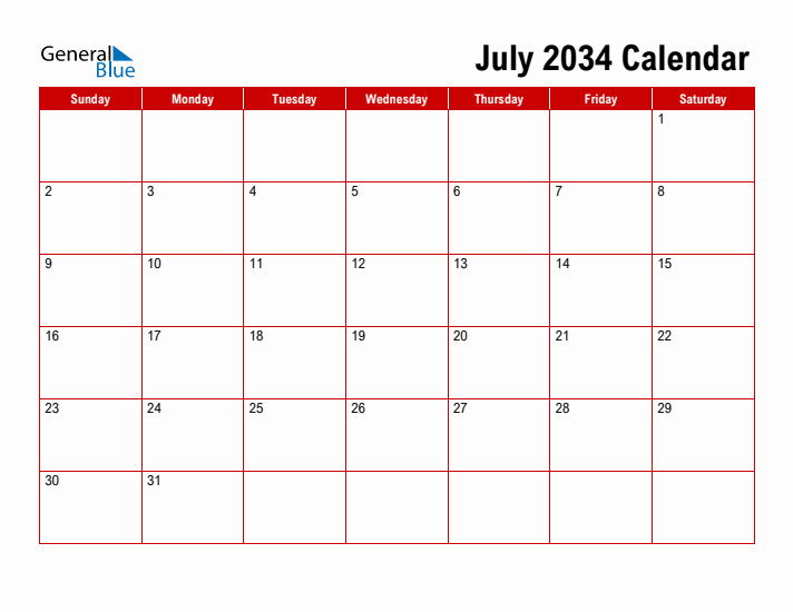 Simple Monthly Calendar - July 2034