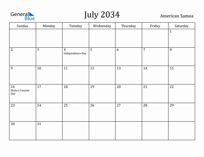 July 2034 Calendar American Samoa
