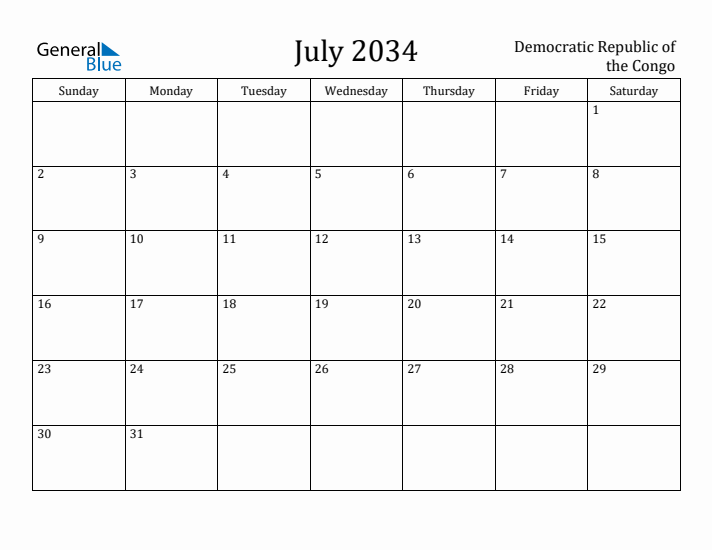 July 2034 Calendar Democratic Republic of the Congo