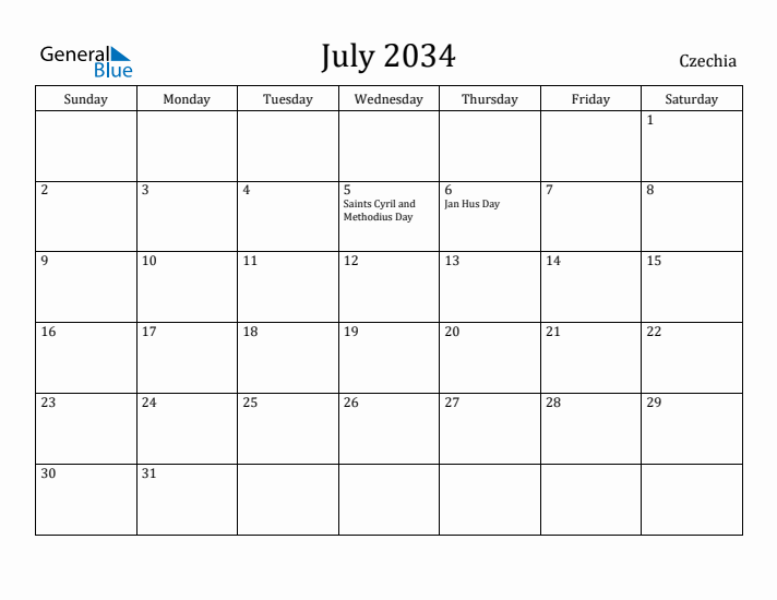 July 2034 Calendar Czechia