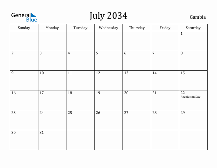 July 2034 Calendar Gambia