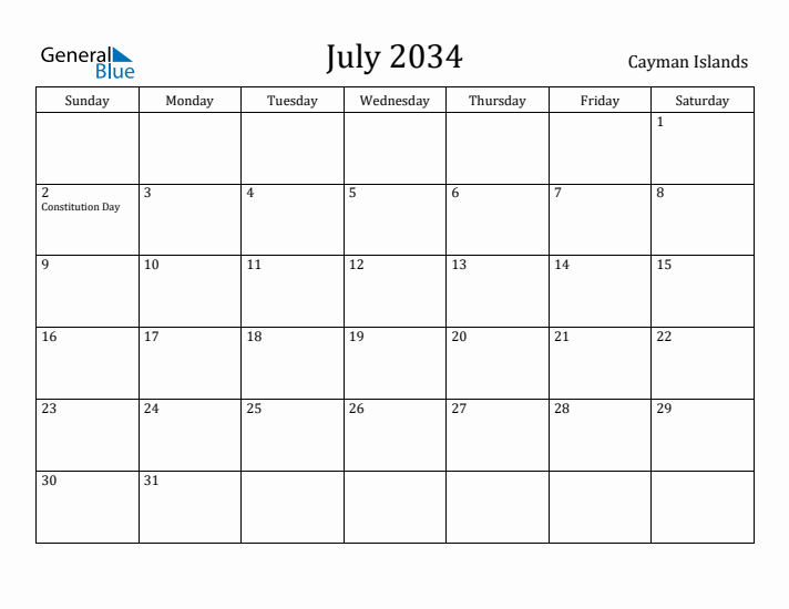 July 2034 Calendar Cayman Islands