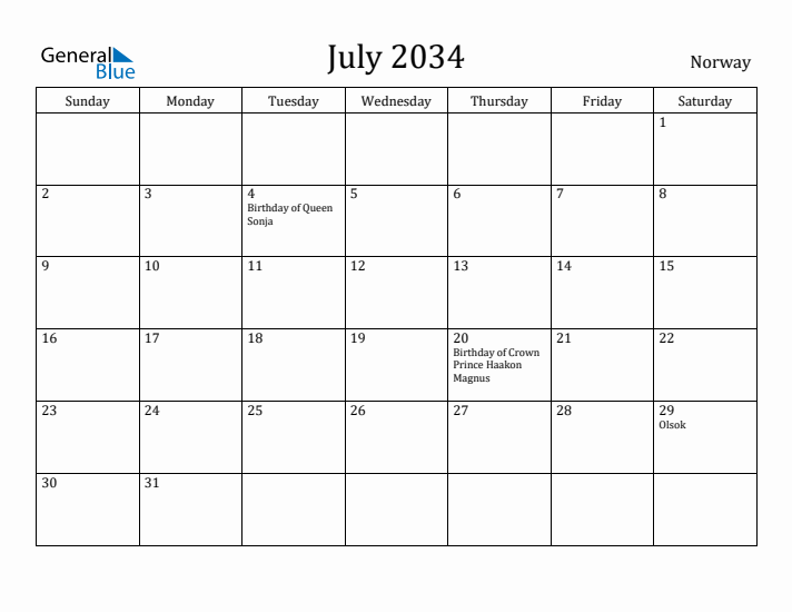 July 2034 Calendar Norway
