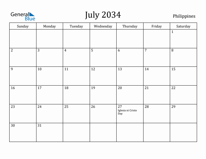 July 2034 Calendar Philippines