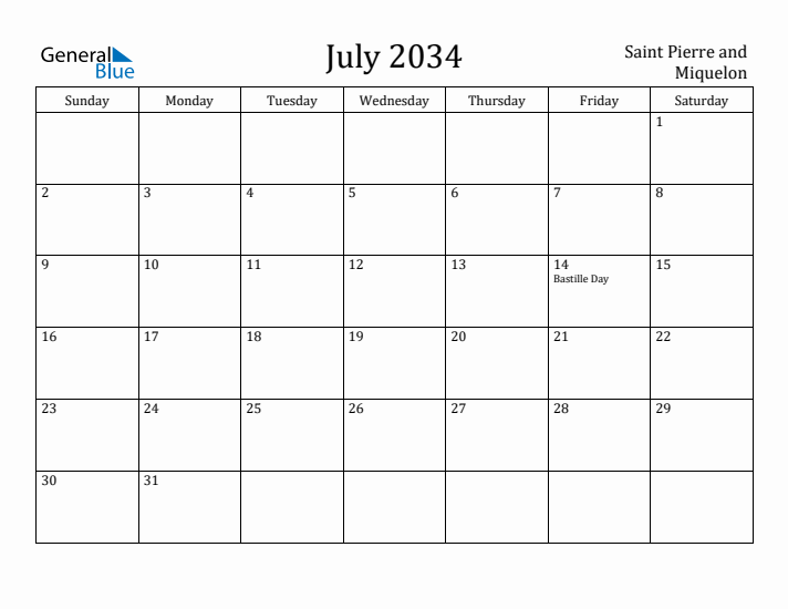 July 2034 Calendar Saint Pierre and Miquelon