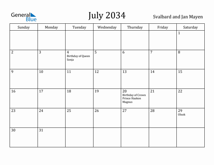 July 2034 Calendar Svalbard and Jan Mayen