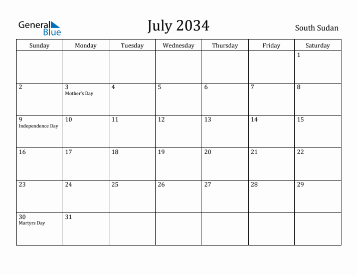 July 2034 Calendar South Sudan