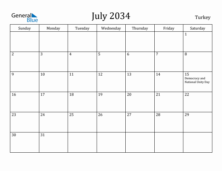 July 2034 Calendar Turkey