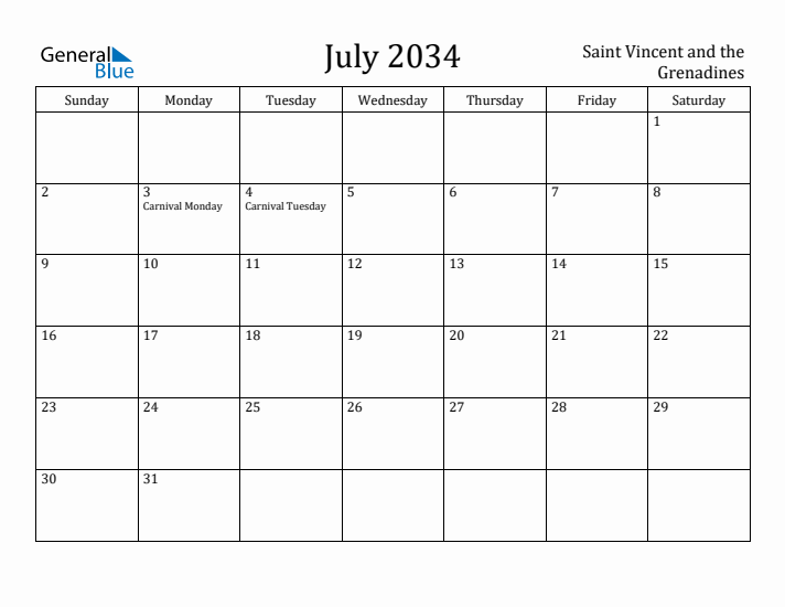 July 2034 Calendar Saint Vincent and the Grenadines