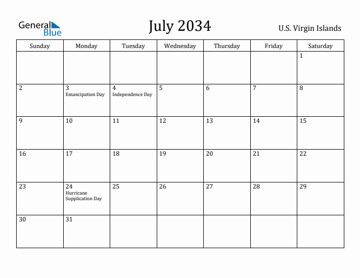 July 2034 Calendar U.S. Virgin Islands