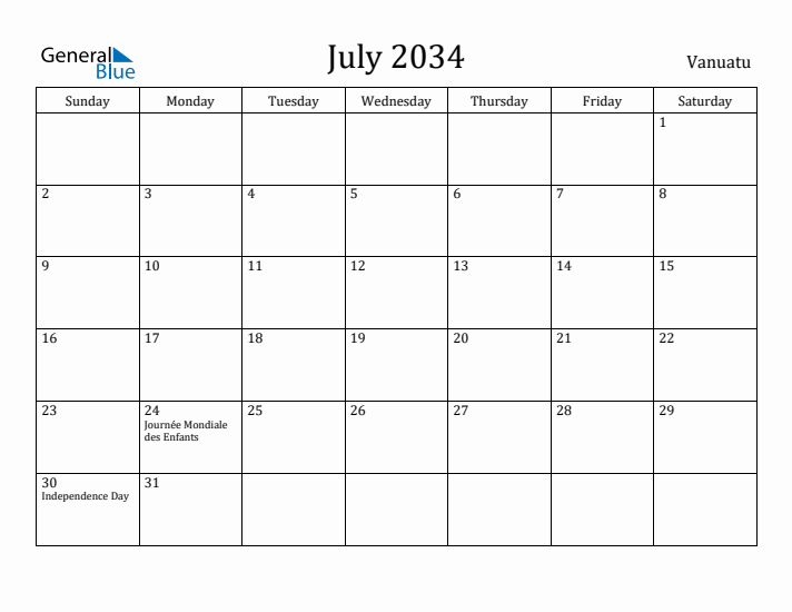 July 2034 Calendar Vanuatu