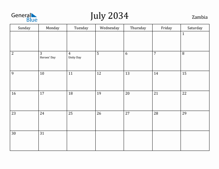 July 2034 Calendar Zambia