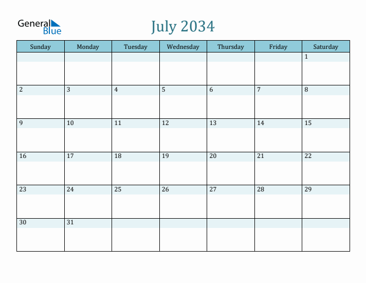 July 2034 Printable Calendar