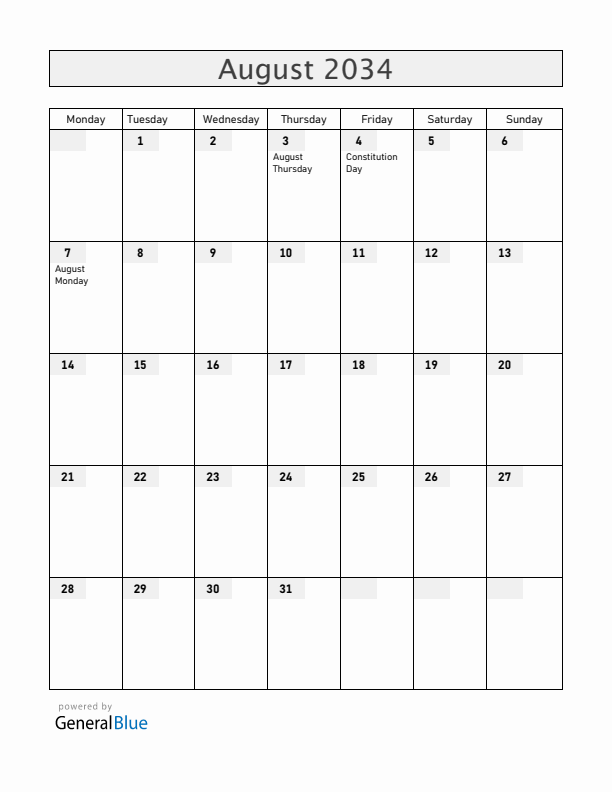 Anguilla August 2034 Calendar with Holidays