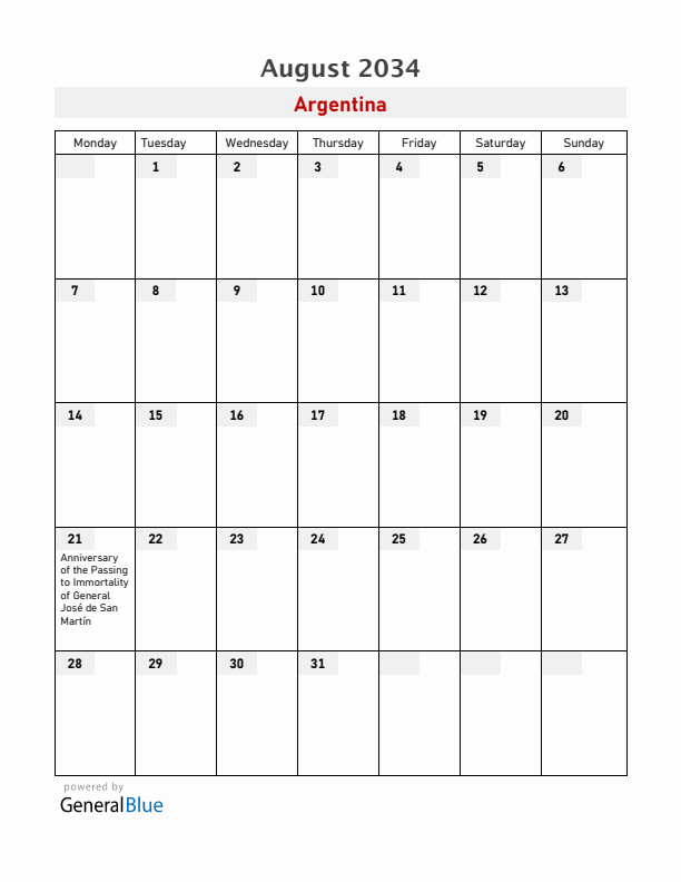 Argentina August 2034 Calendar with Holidays