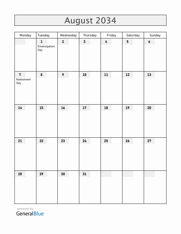 Barbados August 2034 Calendar with Holidays