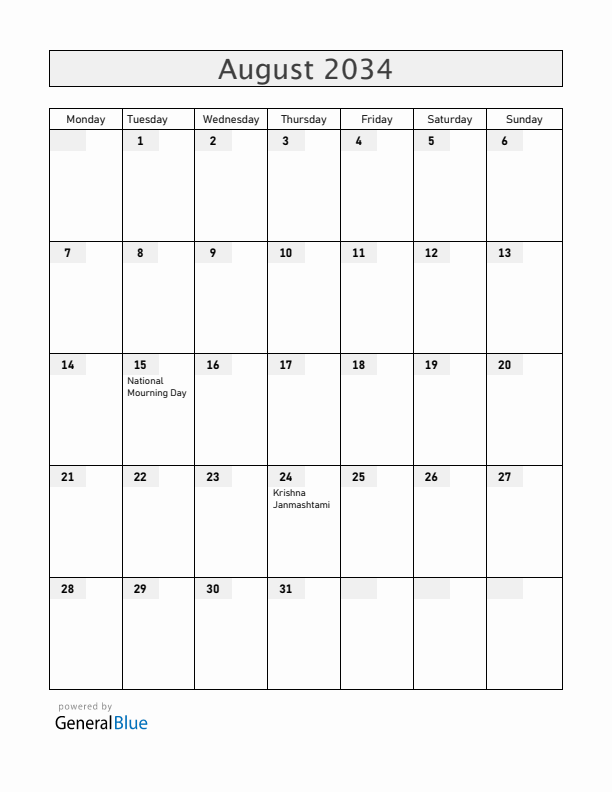Bangladesh August 2034 Calendar with Holidays