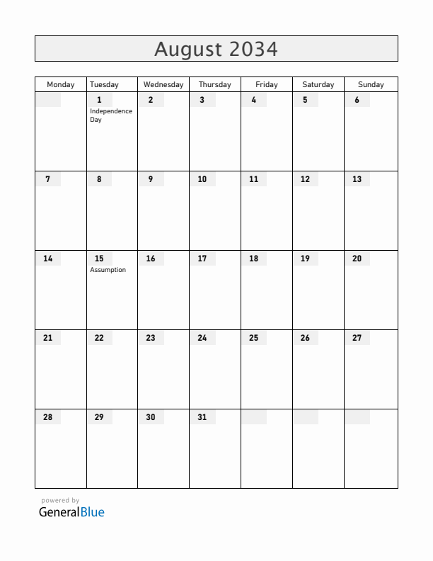 Benin August 2034 Calendar with Holidays
