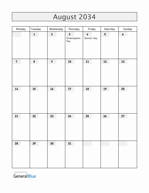 Bermuda August 2034 Calendar with Holidays