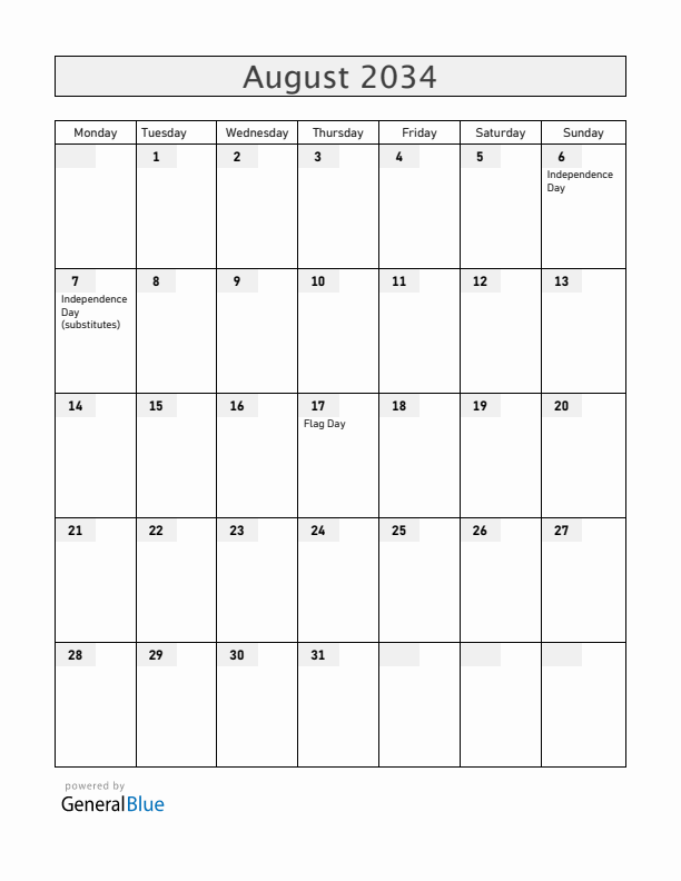 Bolivia August 2034 Calendar with Holidays