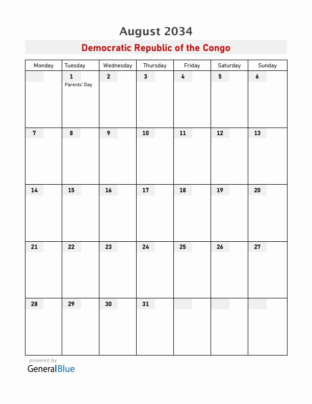 Democratic Republic of the Congo August 2034 Calendar with Holidays
