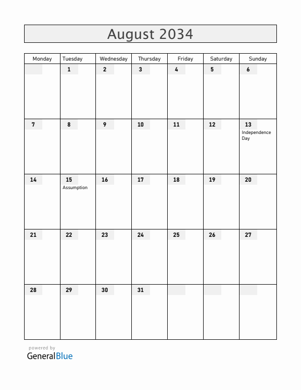 Central African Republic August 2034 Calendar with Holidays