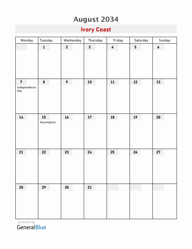 Ivory Coast August 2034 Calendar with Holidays
