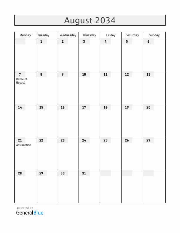 Colombia August 2034 Calendar with Holidays