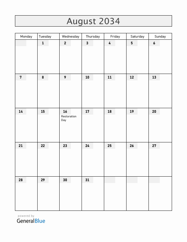 Dominican Republic August 2034 Calendar with Holidays