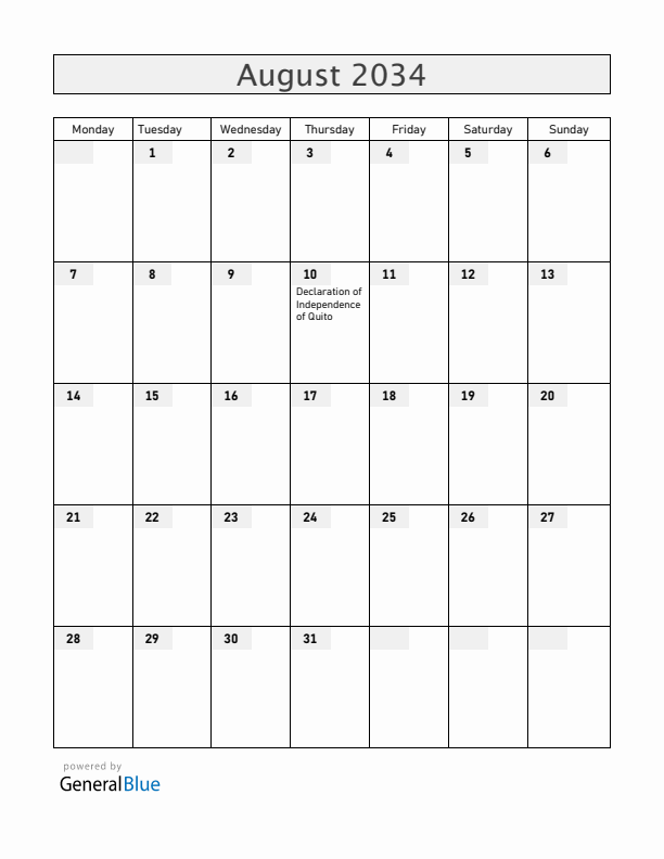 Ecuador August 2034 Calendar with Holidays