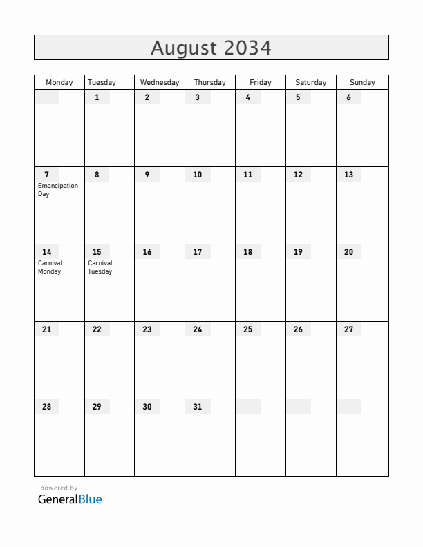 Grenada August 2034 Calendar with Holidays