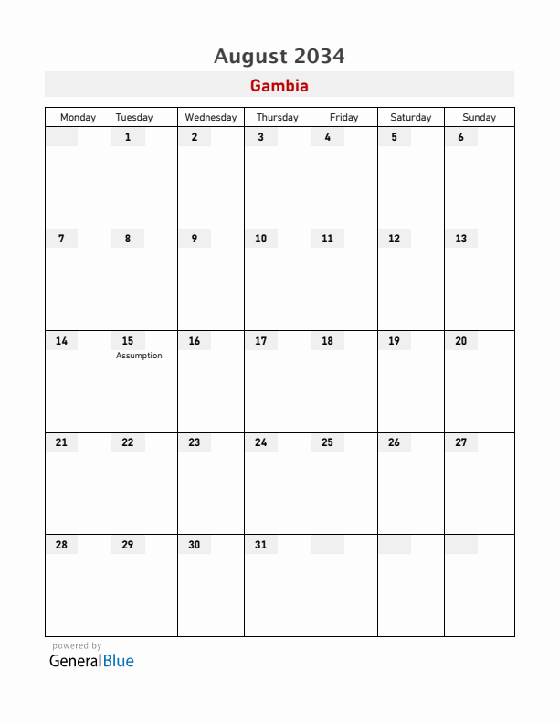 Gambia August 2034 Calendar with Holidays