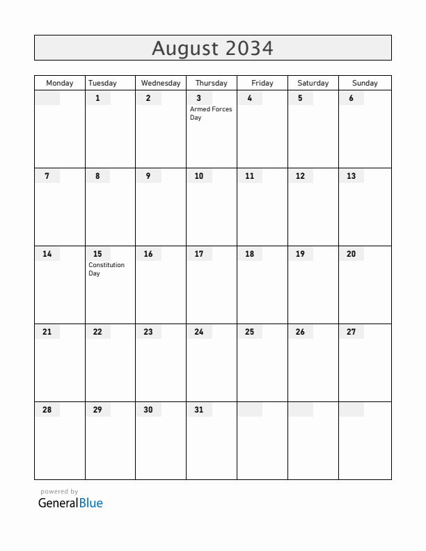 Equatorial Guinea August 2034 Calendar with Holidays
