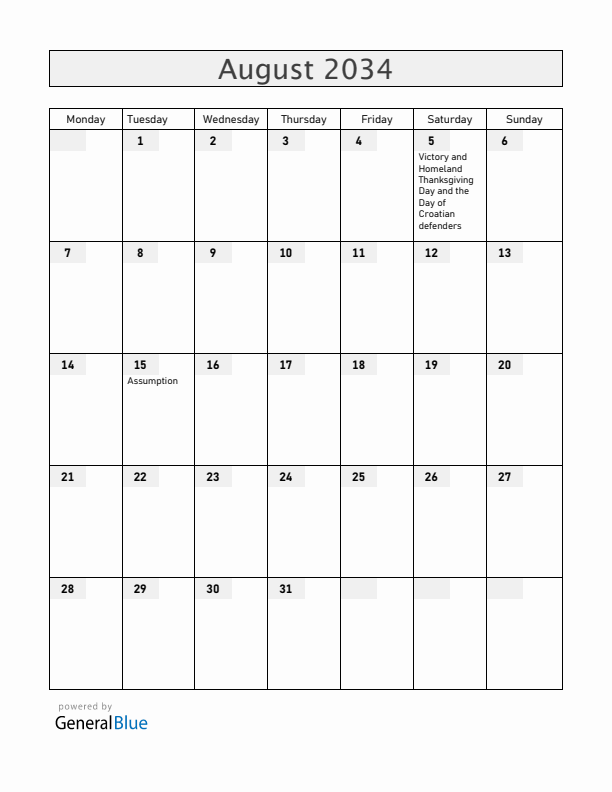 Croatia August 2034 Calendar with Holidays