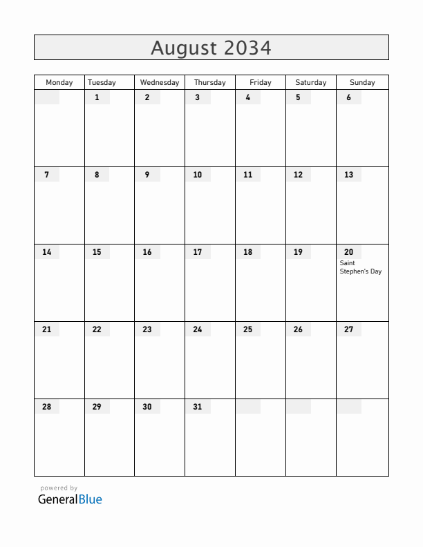 Hungary August 2034 Calendar with Holidays