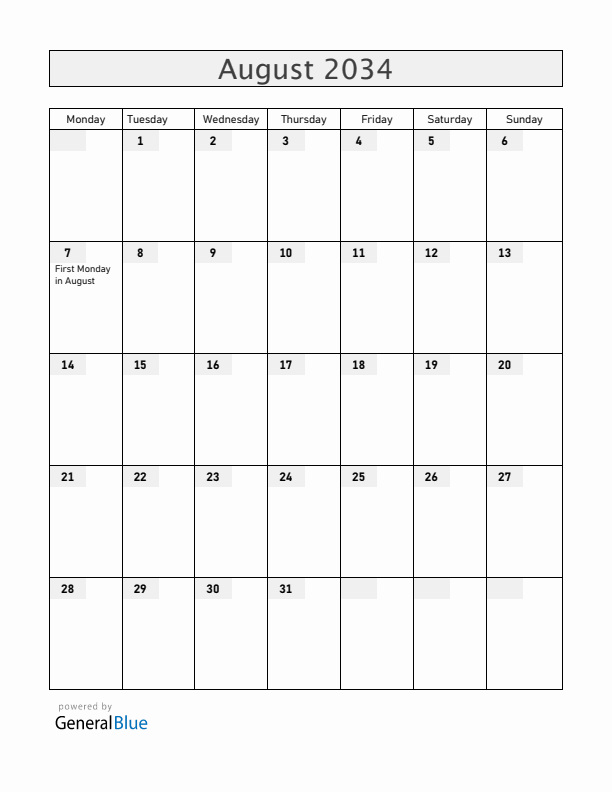 Ireland August 2034 Calendar with Holidays