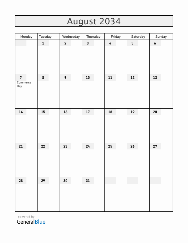 Iceland August 2034 Calendar with Holidays