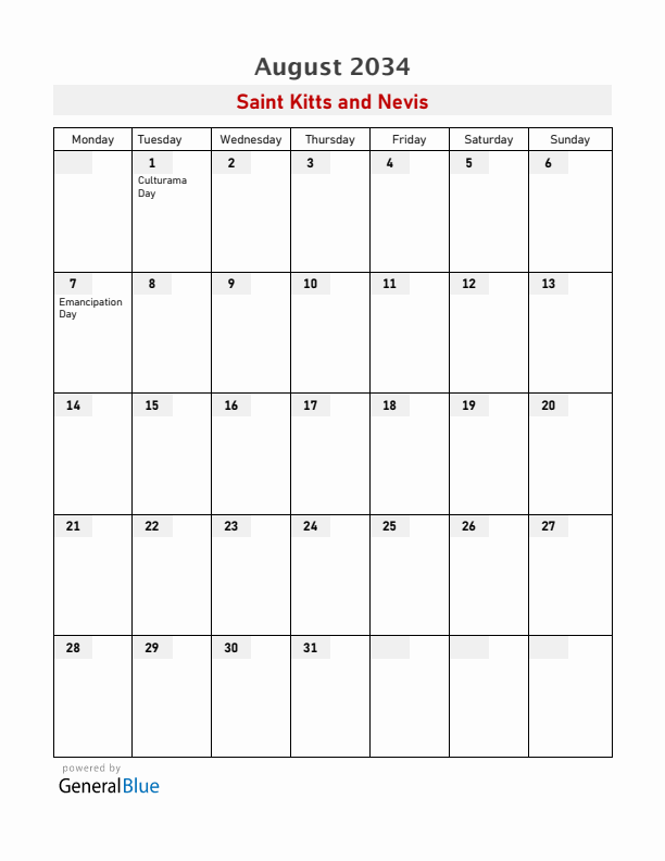 Saint Kitts and Nevis August 2034 Calendar with Holidays