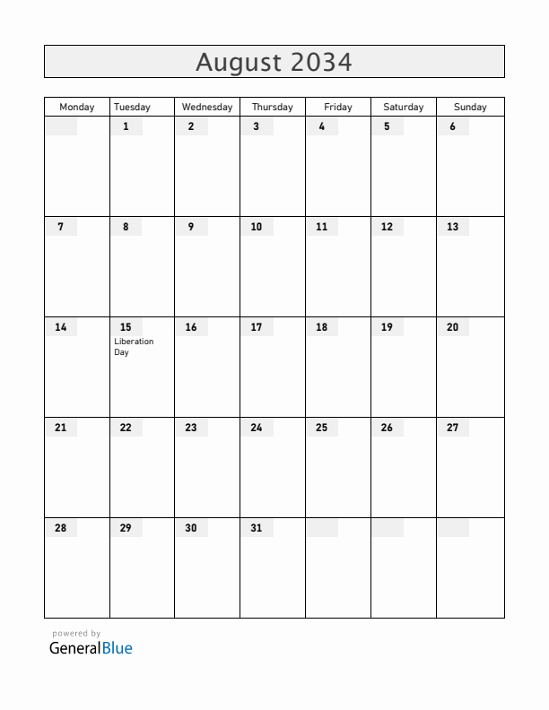 South Korea August 2034 Calendar with Holidays